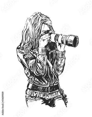 The girl is a photographer. Isolated graphic drawing