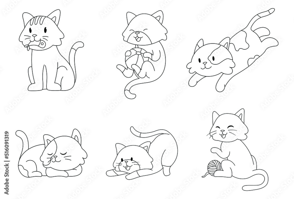 Fototapeta premium Set of cute cat pet animal vector illustration. Hand drawn kitty doodle for kids' coloring page
