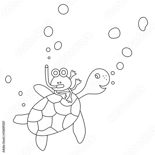 Coloring page Turtle animal, black and white cute hand-drawn doodle illustration. kid print educational game page