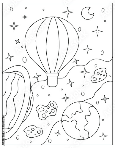 air balloon in outer space coloring page for kids
