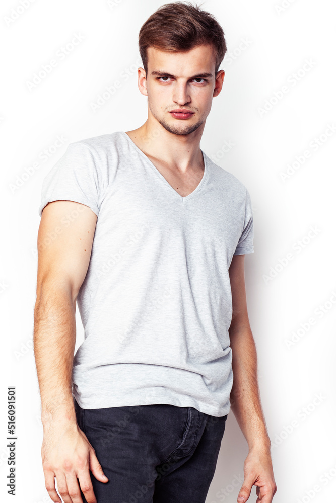 Fototapeta premium young handsome teenage hipster guy posing emotional, happy smiling against white background isolated, lifestyle people concept