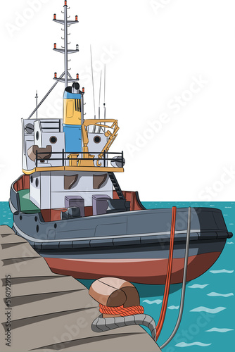 A large marine black tug moored with ropes to the pier.