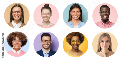 Collage of portraits and faces of group of young diverse people for avatar or userpic photo