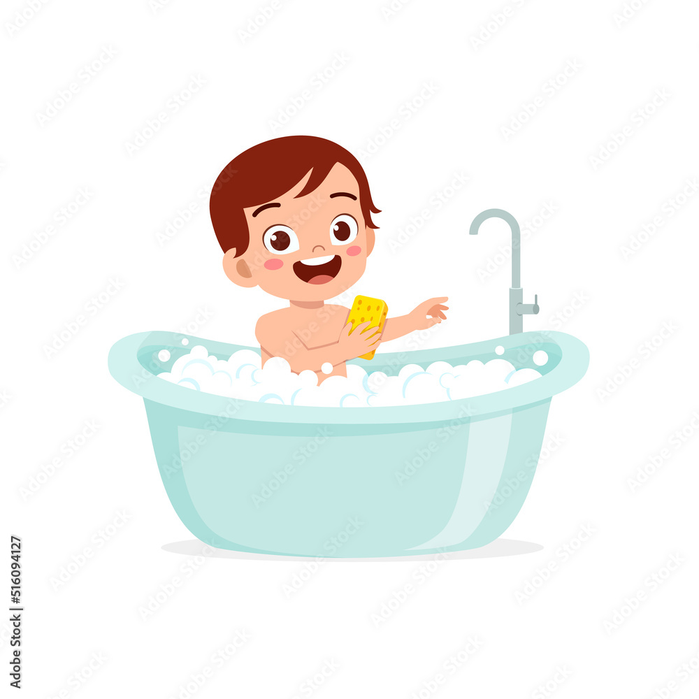 Naklejka premium little kid take a bath in the bathtub
