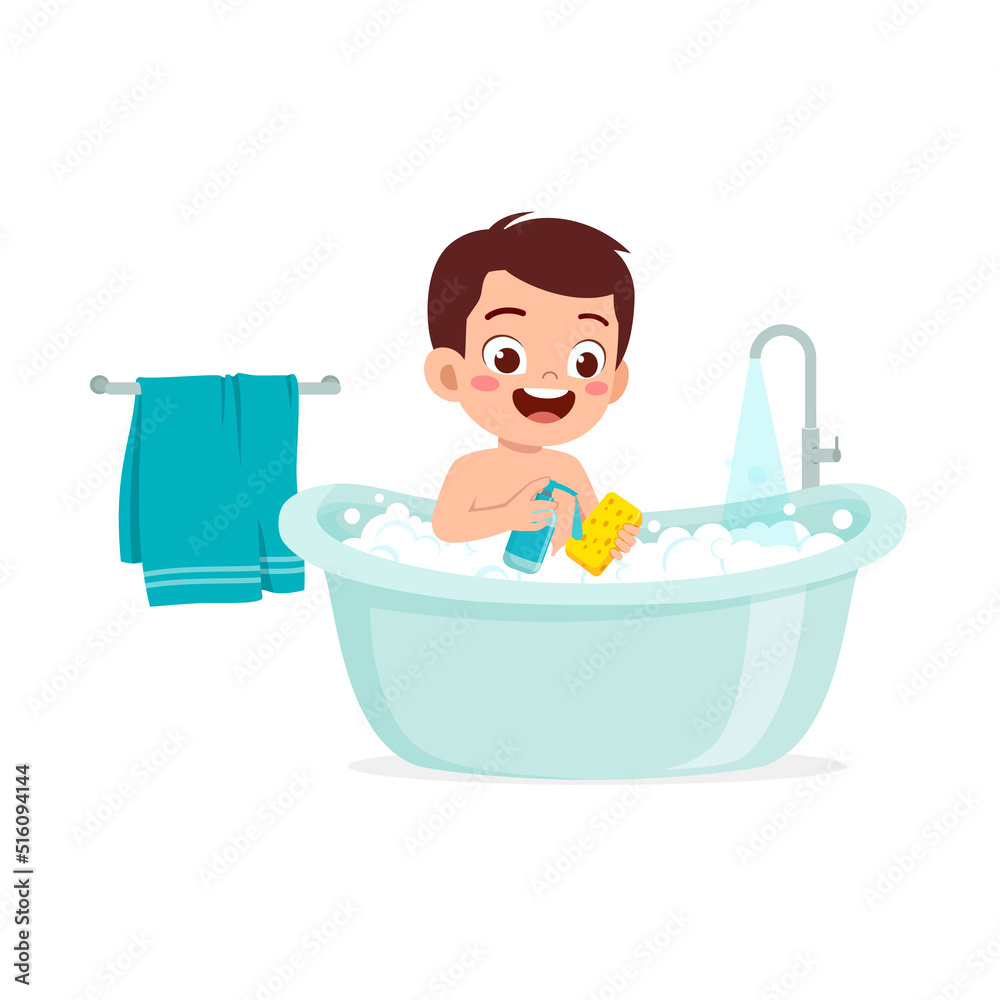 Naklejka premium little kid take a bath in the bathtub