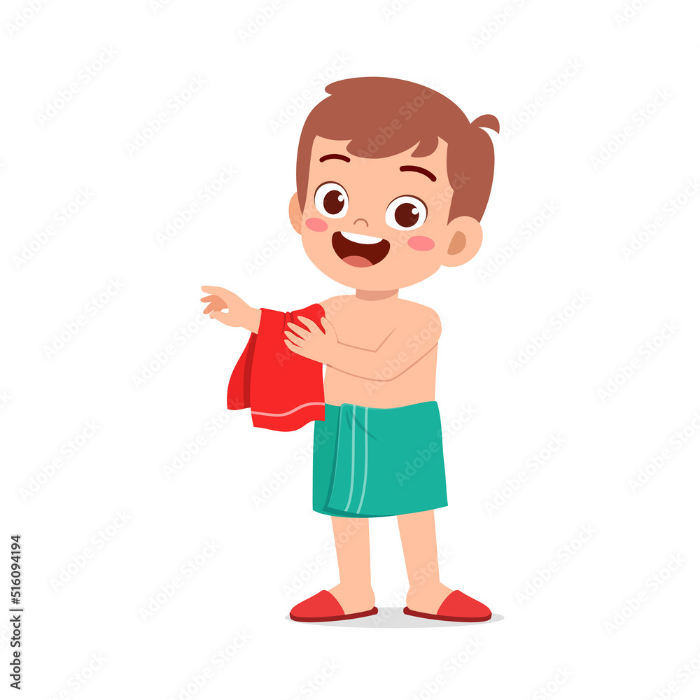 little kid dry body with towel after bath