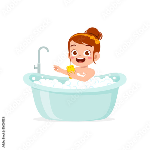 little kid take a bath in the bathtub