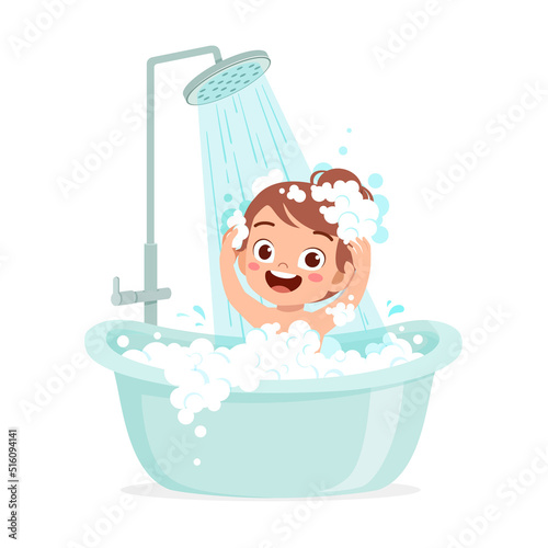 little kid take a bath in the bathtub