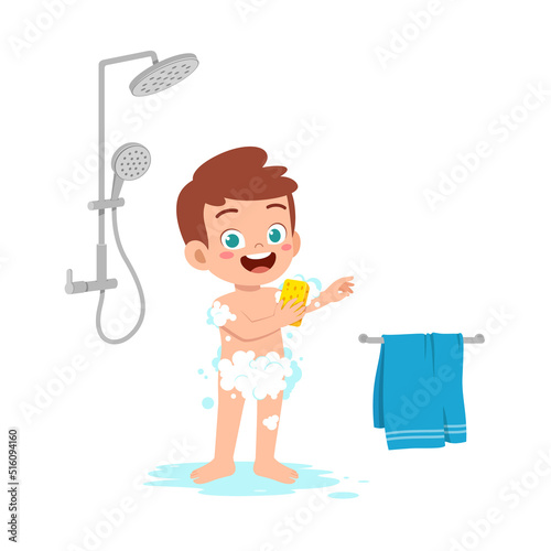little kid take a shower and wash body