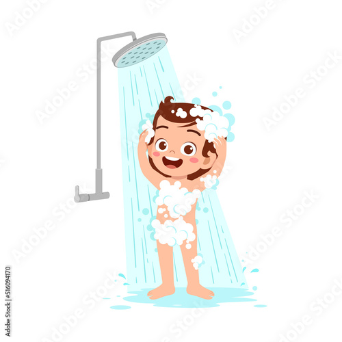 little kid take a shower and wash body