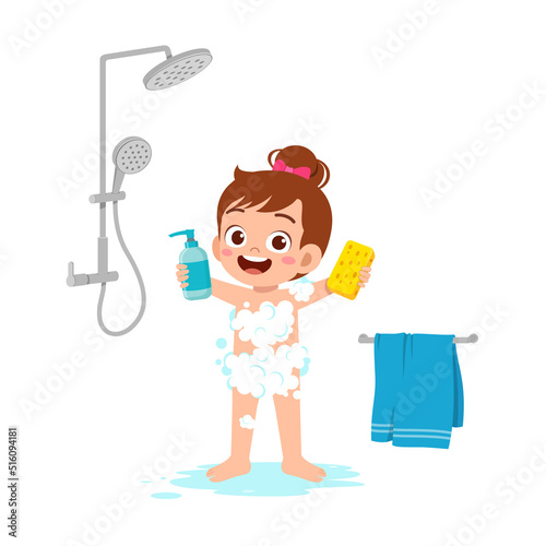 little kid take a shower and wash body