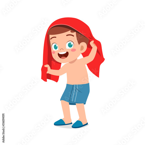 little kid dry body with towel after bath