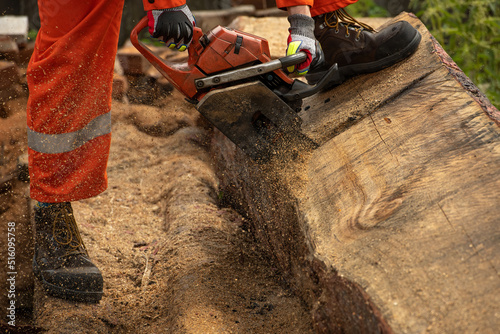 Close up of chain saw used cut  log. Safety boots  of workmen.