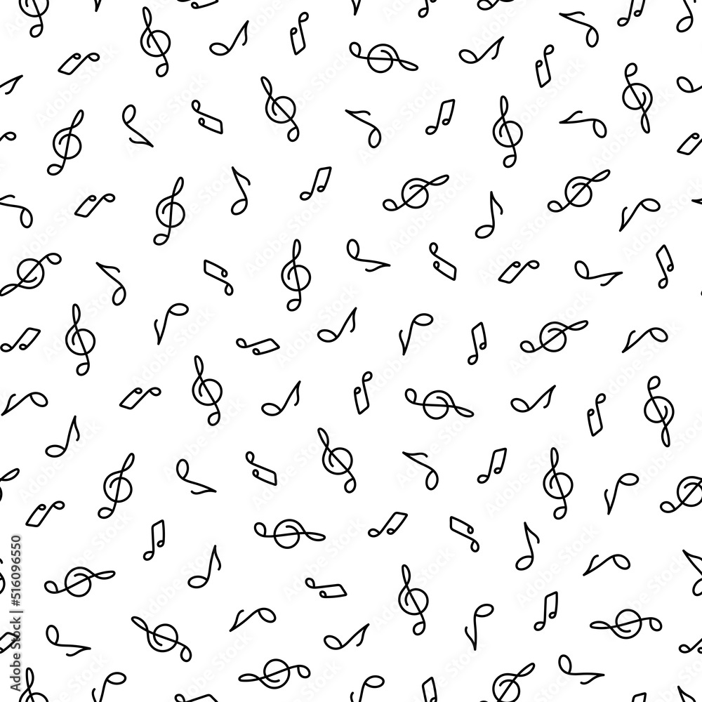 Musical notes seamless vector pattern. Music sign, hand drawn elements isolated on white background. Symbol of sound, melody. Black and white doodle, line art. Backdrop for wallpaper, poster, web Musical notes seamless vector pattern. Music sign, hand drawn elements isolated on white background. Symbol of sound, melody. Black and white doodle, line art. Backdrop for wallpaper, poster, web
