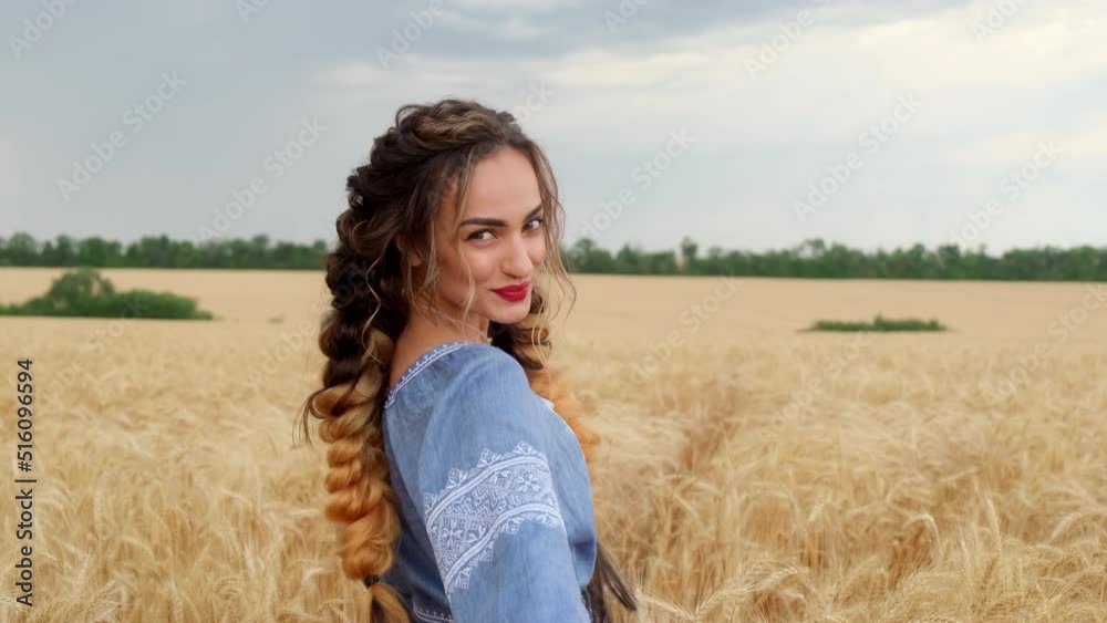 a beautiful woman in Ukrainian national Ukrainian dress, in a wheat field with mature wheat. Embroidery. a young woman with beautiful braids moves across the field. Retarded motion a beautiful woman in Ukrainian national Ukrainian dress, in a wheat field with mature wheat. Embroidery. a young woman with beautiful braids moves across the field. Retarded motion