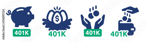 401k retirement savings and investing plan vector icon set.