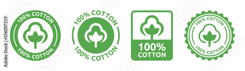 100% cotton label for clothing packaging. Natural textile logo certificate vector icon set illustration.