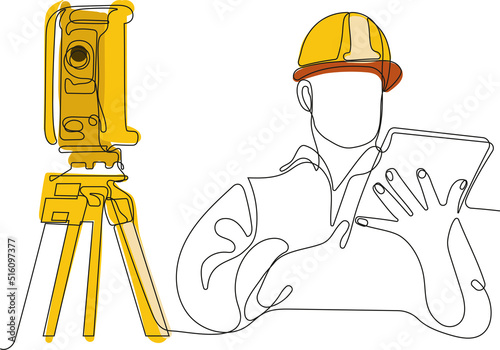 Close up of young Caucasian worker with helmet on head using tablet for work while standing in warehouse. Surveyor with a tripod icon. Geodesic tripod. Vector illustration