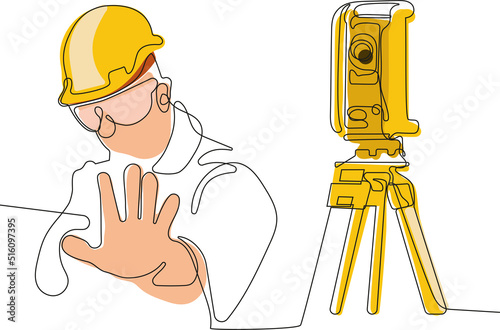 Close up of young Caucasian worker with helmet on head using tablet for work while standing in warehouse. Surveyor with a tripod icon. Geodesic tripod. Vector illustration