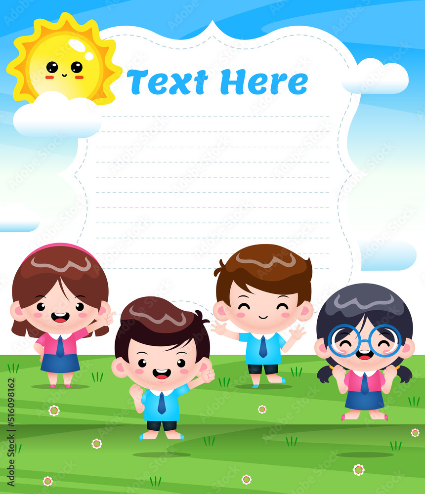 Four Children Activity On Outdoor With Big Banner Four Children Activity On Outdoor With Big Banner