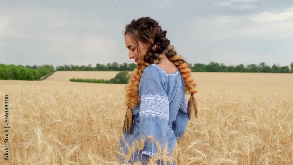 A beautiful smiling young woman in traditional Ukrainian clothes runs through the golden wheat field, spins around, enjoys outdoor recreation, freedom and carefree mood in the summer nature at sunset. A beautiful smiling young woman in traditional Ukrainian clothes runs through the golden wheat field, spins around, enjoys outdoor recreation, freedom and carefree mood in the summer nature at sunset.