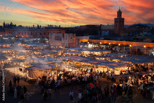 Marrakesh market at sunset. In the Jemaa el-Fna square.