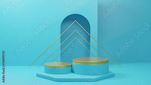 blue and gold elegant luxury 3d rendering podium