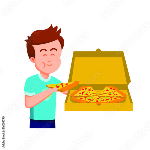A boy holding a pizza box and eating a slice of pizza