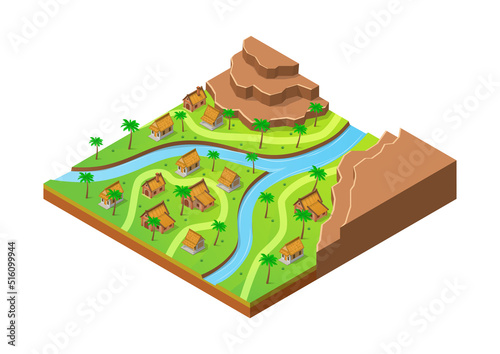 isometric village with traditional house