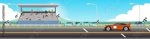 Super car on race track of for banner. Background of stadiums and cheerleaders. With background of sea under blue sky and white clouds. Copy Space Flat Vector Illustration.