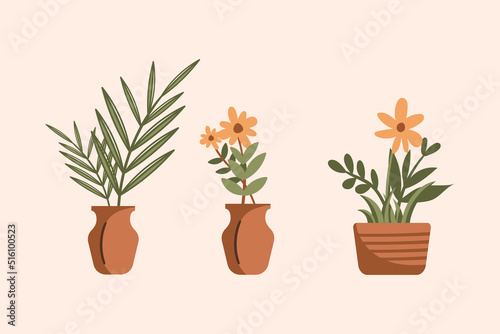 Set of plant abstract aesthetic with pot, vase, Urban plant, pottery plant, boho style plant color vector plants illustration