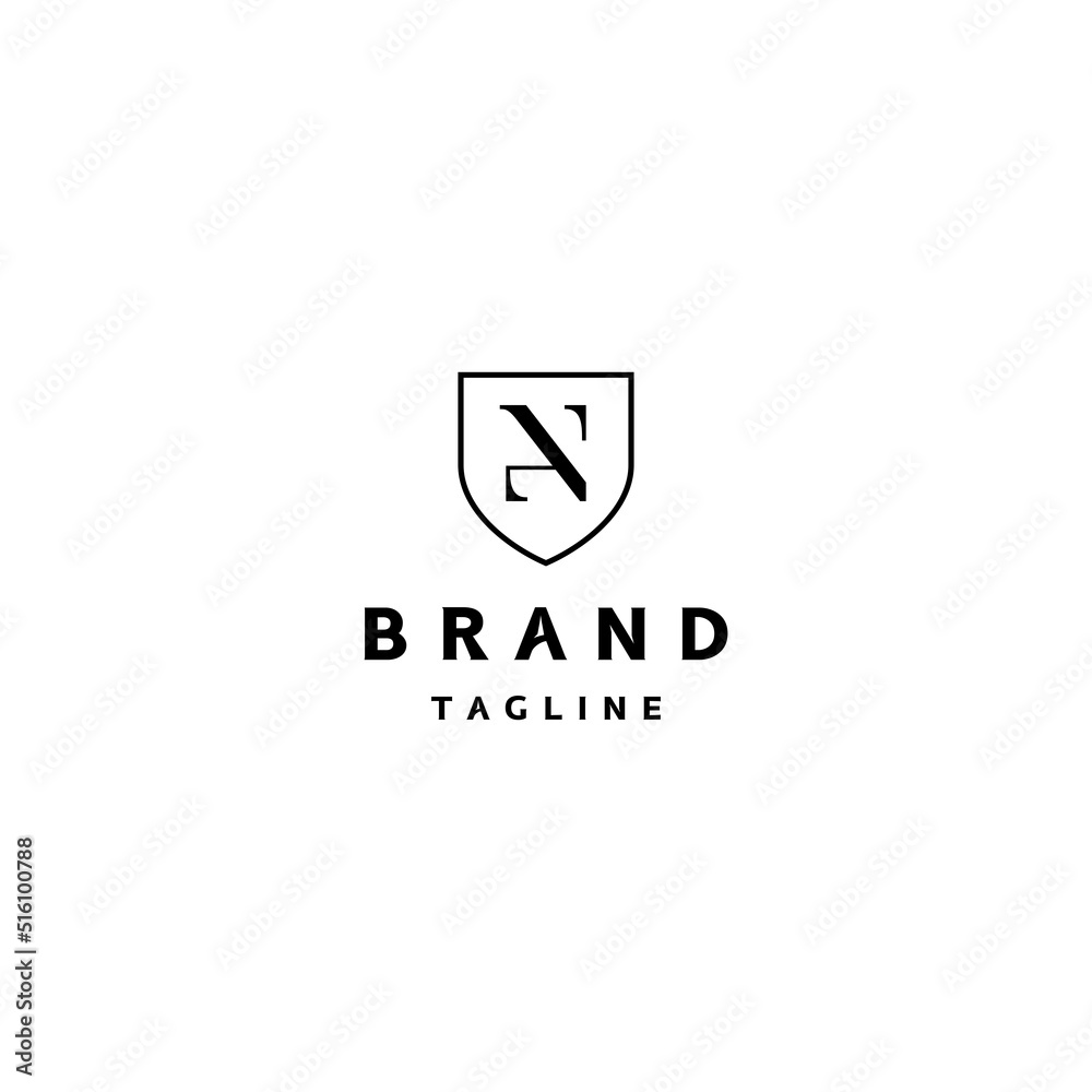 Initial letter AN inside minimalist shield line. Letter AN inside shield silhouette Logo Design.