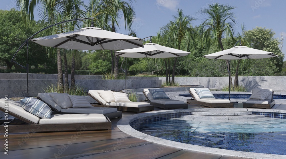 Swimming pool with sun loungers and umbrellas 3d illustration
