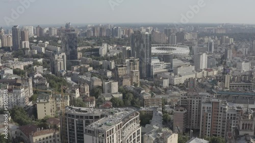 Aerial view on NSC Olimpiyskiy, the The Olympic National Sports Complex and the district around. Centre City.  General plan of the city. Skyscrapers. Summer. Ukraine.  photo