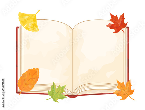 読書の秋をイメージした落葉と本を組み合わせたイラスト