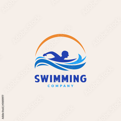 Swimming person illustration with ocean water wave vector icon logo design