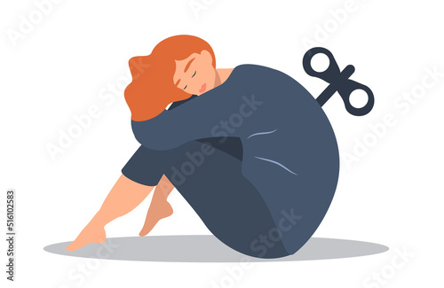 vector illustration in a flat style on the theme of emotional burnout, apathy. a sad girl sits hugging her knees, a key sticks out of her back