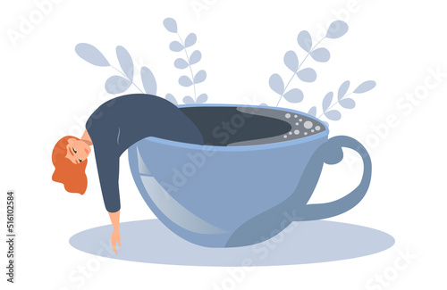 vector illustration in a flat style on the theme of depression, apathy. tired girl swims in a cup of coffee