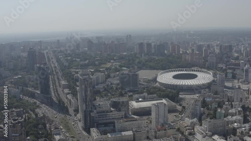 Aerial view on NSC Olimpiyskiy, the The Olympic National Sports Complex and the district around. Centre City.  General plan of the city. Skyscrapers. Summer. Ukraine. 