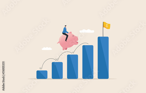 investment goals and revenue growth.  Interest earned from savings. stock funds. A businessman riding a piggy bank runs up the top charts.