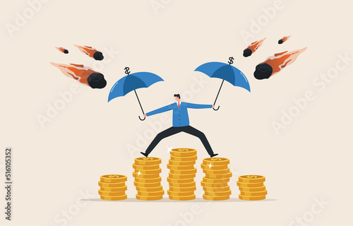 Protect financial stability. .Increase asset security. Savings, deposits, or retirement funds. businessman holding strong umbrella to protect money coin.