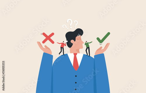 Business decision making.  Doubt about options confusion. Yes or No. Left or right. Businessman chops with making choices and listen to opinions.