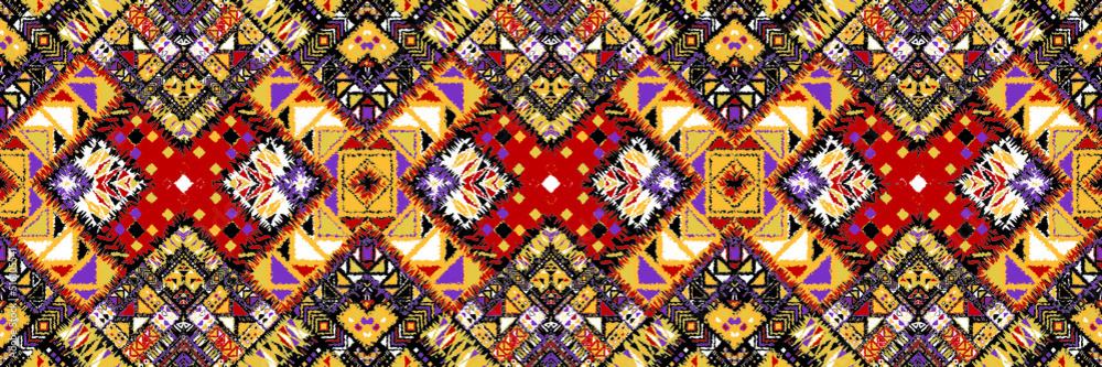 Ethnic carpet with geometric mosaic aztec style stripes on tile. majolica Antique interior,modern rugs,geographic print on kente clot textile.Tribal vector ornament seamless african pattern.multicolor