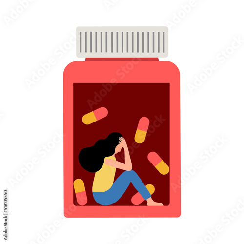 Drug abuse concept vector illustration. Sad woman sitting inside pharmacy bottle in flat design.