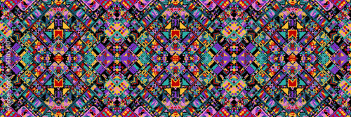 Ethnic carpet with geometric mosaic aztec style stripes on tile. majolica Antique interior,modern rugs,geographic print on kente clot textile.Tribal vector ornament seamless african pattern.multicolor