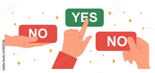 Uniqueness and individuality. Character hand chooses yes answer and stands out from crowd. Different path for development and openness to adventure and opportunity. Cartoon flat vector illustration