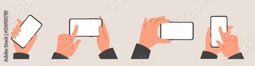 Set of Human hands hold mobile phone. Female or male palms hold smartphones with blank screens and touch with fingers. Design for advert. Cartoon flat vector collection isolated on beige background
