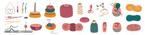 Cartoon Handicraft Accessories, All for Needlework and Crochet. Craft and handmade Needlework Design Elements. Hobby Tools Collection and Wool Yarn Set. Vector Flat Illustration, Isolated on White.