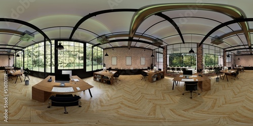 3d illustration spherical 360 vr degrees, a seamless panorama of the room and office. interior design 3D rendering.reception in a modern panoramic office