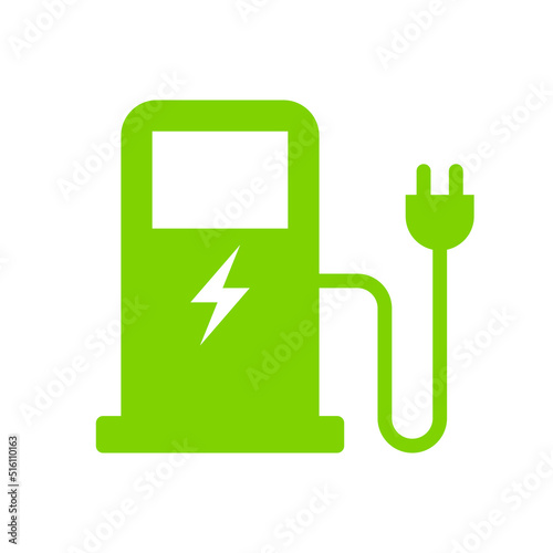 Green eco electric fuel pump icon, Charging point station for hybrid, Linear design, Isolated on white background, Vector illustration